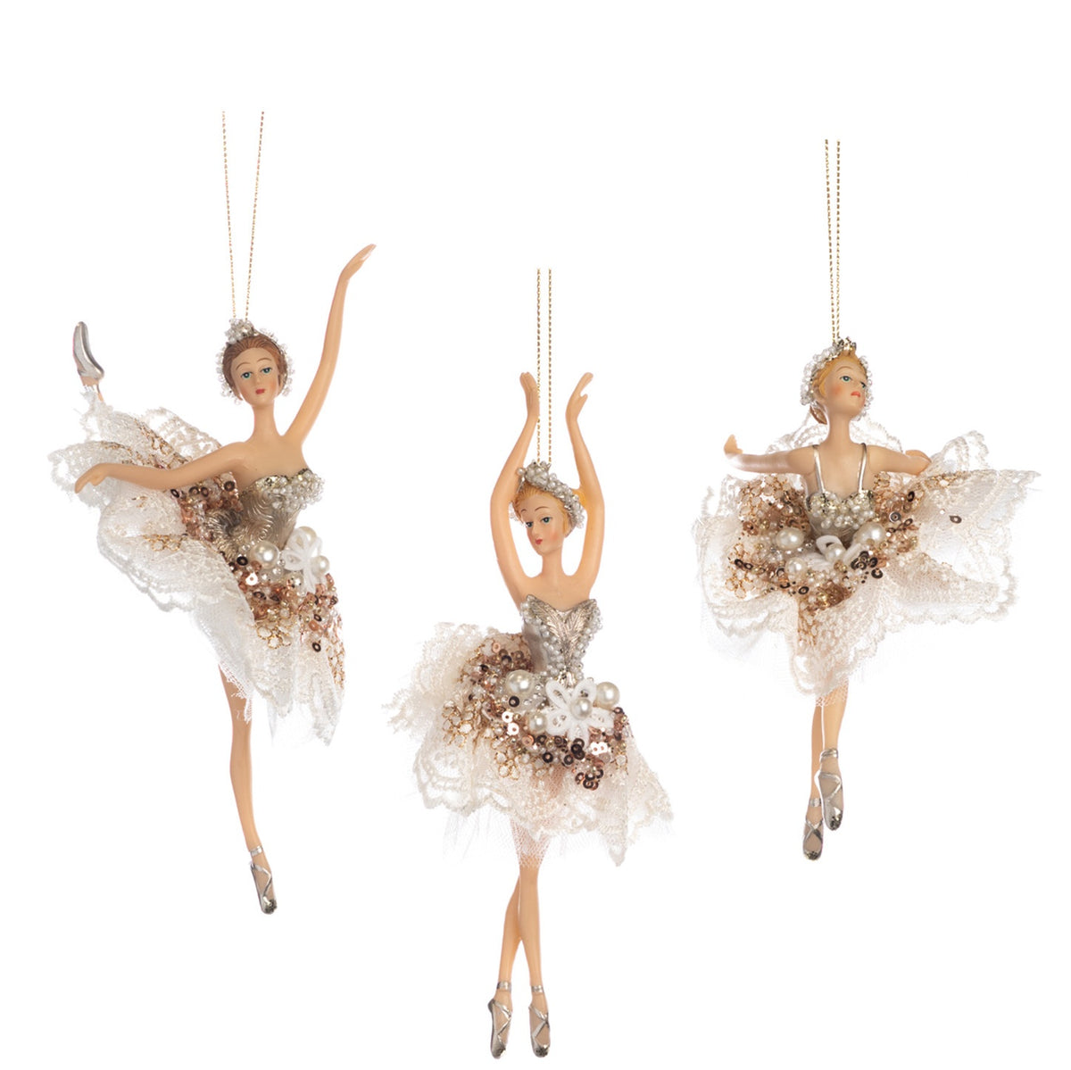 Set 3 Balerine cu snur si perluta crem 17cm