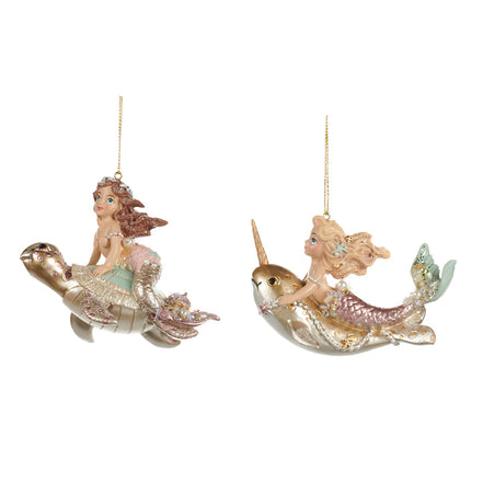 Set 2 sirene decorative pe animal marin, roz-auriu, 11 cm