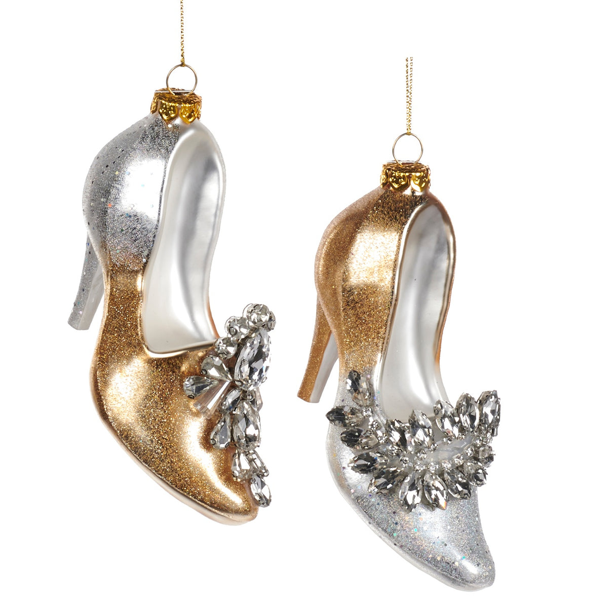 Set 2 pantofi ornamentali cu bijuterii, auriu-argintiu, 11 cm