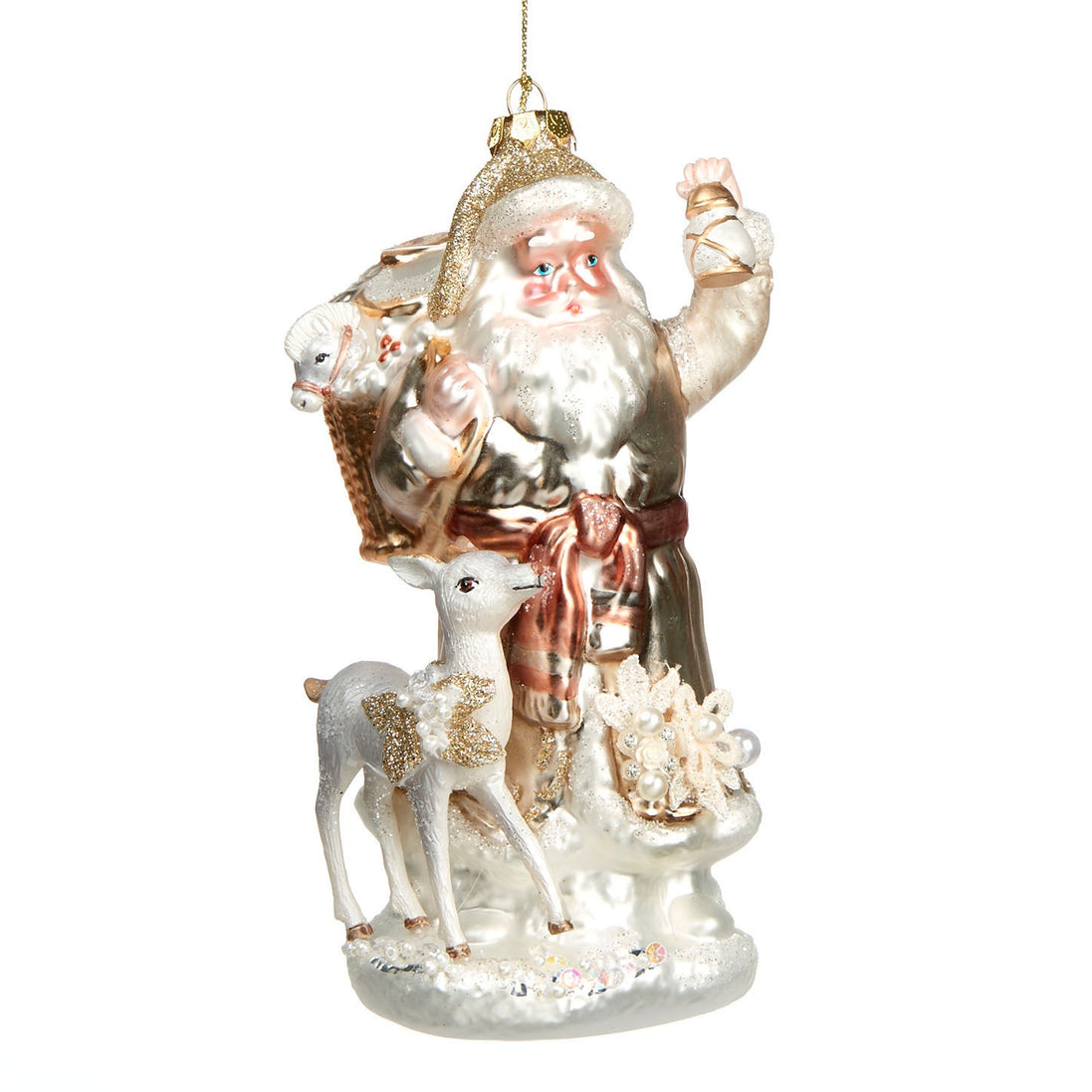 Ornament din sticlă Moș Crăciun cu ren, auriu, 17cm