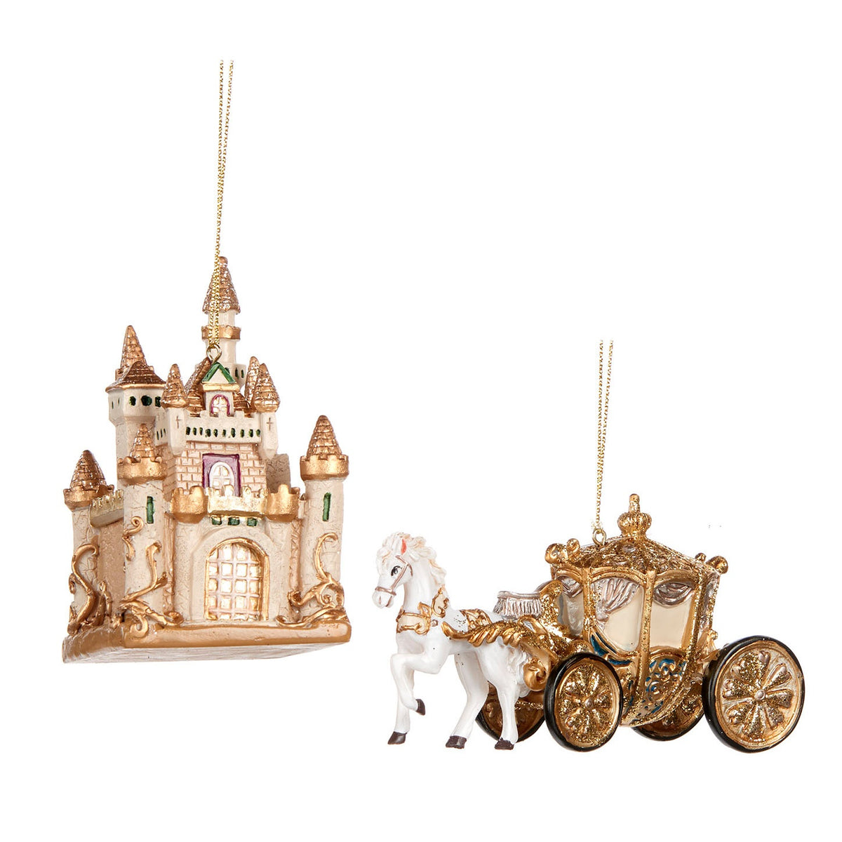 Ornamente trăsură cu cal și castel, set 2 bucăți, crem/auriu, 10 cm