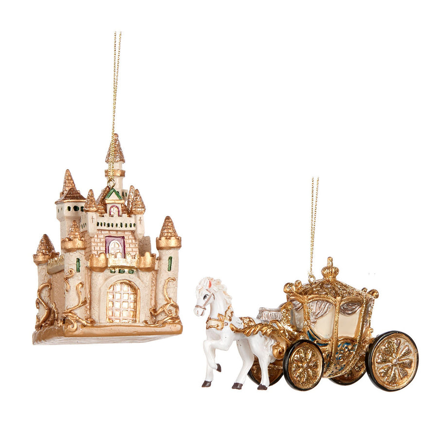 Ornamente trăsură cu cal și castel, set 2 bucăți, crem/auriu, 10 cm