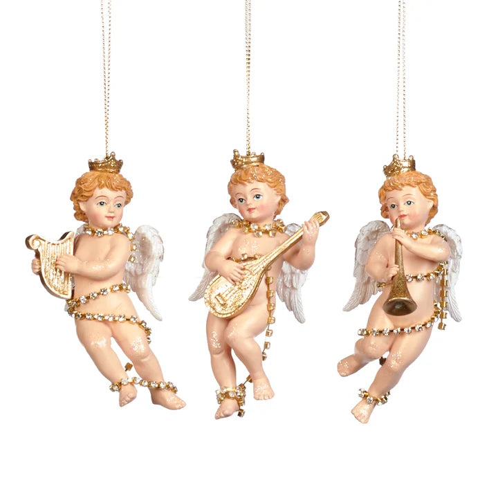 Set 3 Heruvimi cu aripioare si instrumente muzicale roz/auriu 11cm