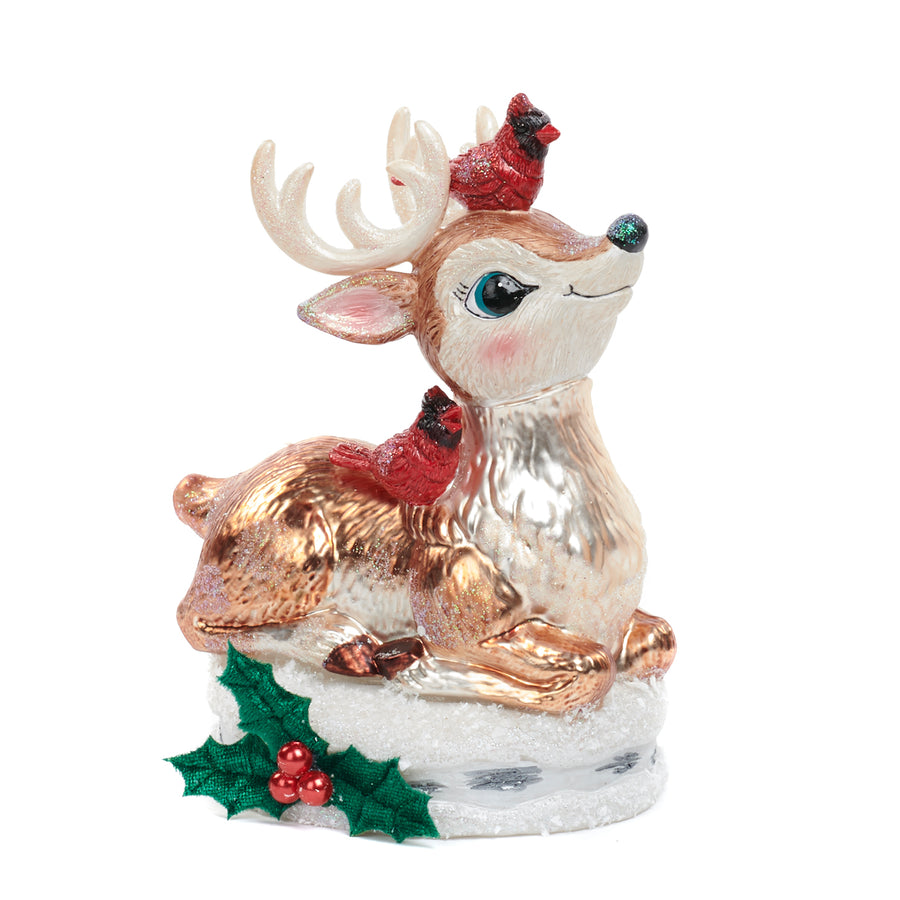 Ornament decorativ ren cu pasari cardinal roșu, 16.5cm maro/auriu
