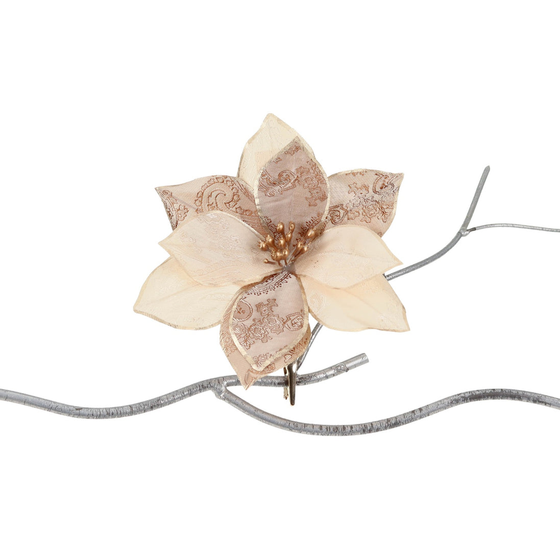 Floare decorativa brocart pe clips, crem/maro, 15cm
