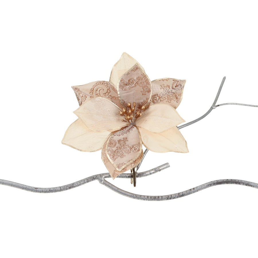 Floare decorativa brocart pe clips, crem/maro, 15cm