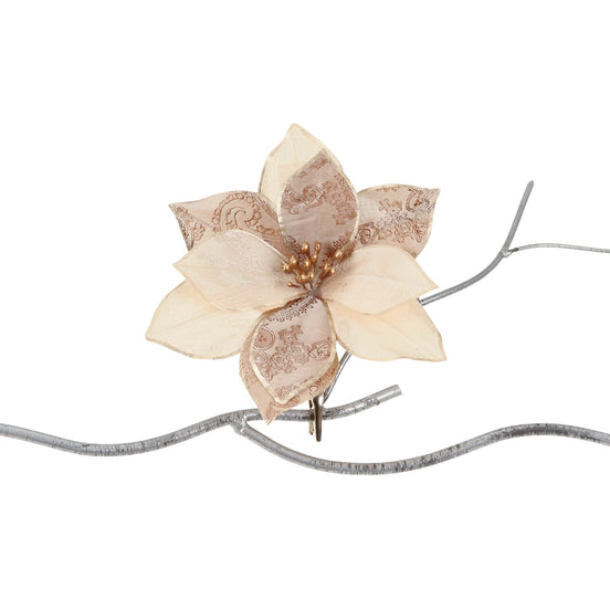 Floare decorativa brocart pe clips, crem/maro, 15cm