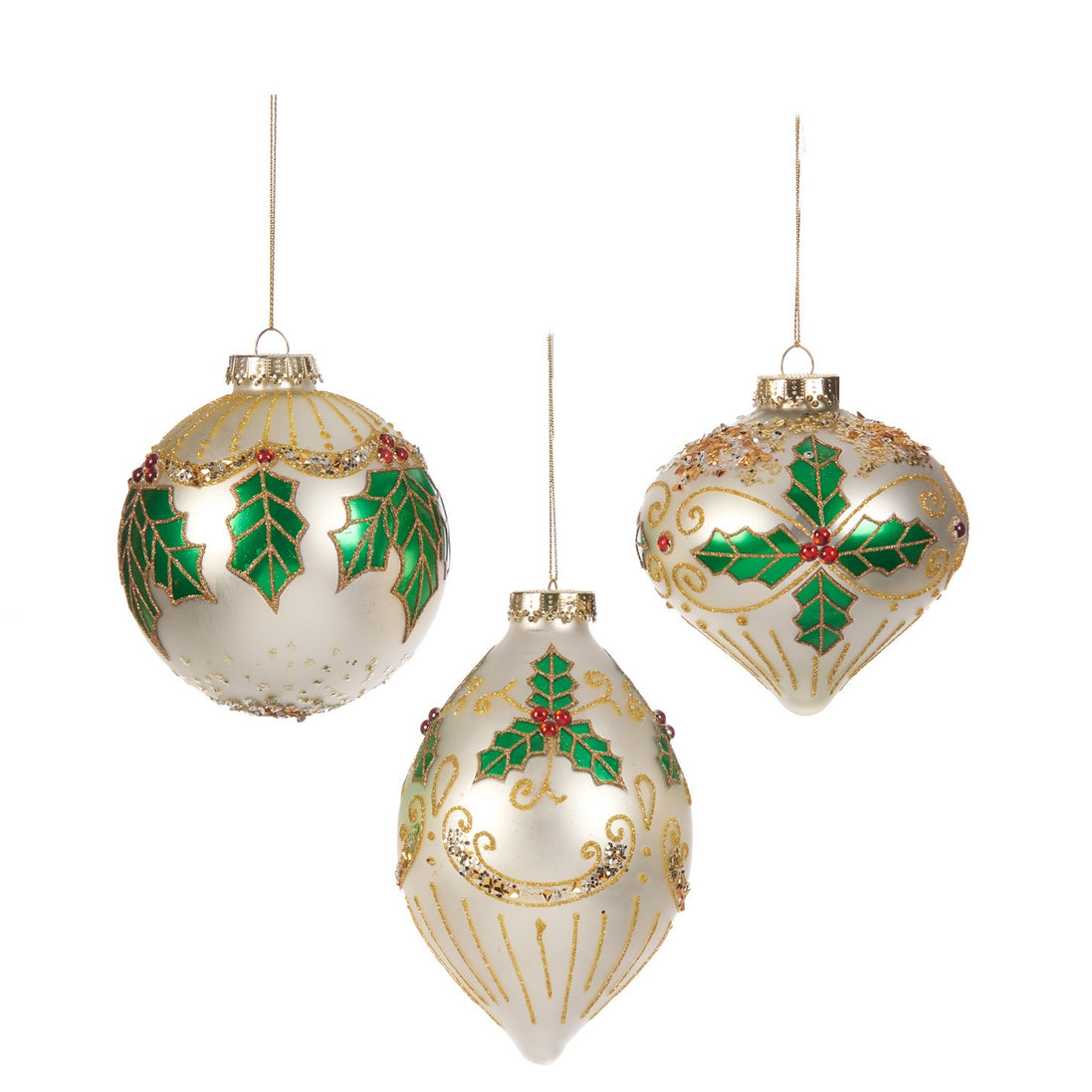 Set 3 Globuri din sticlă cu frunzulițe, alb/verde, 15cm