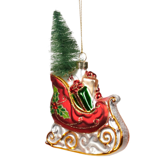 Ornament tip sanie cu bradut si cadouri, rosu/verde/alb 12cm
