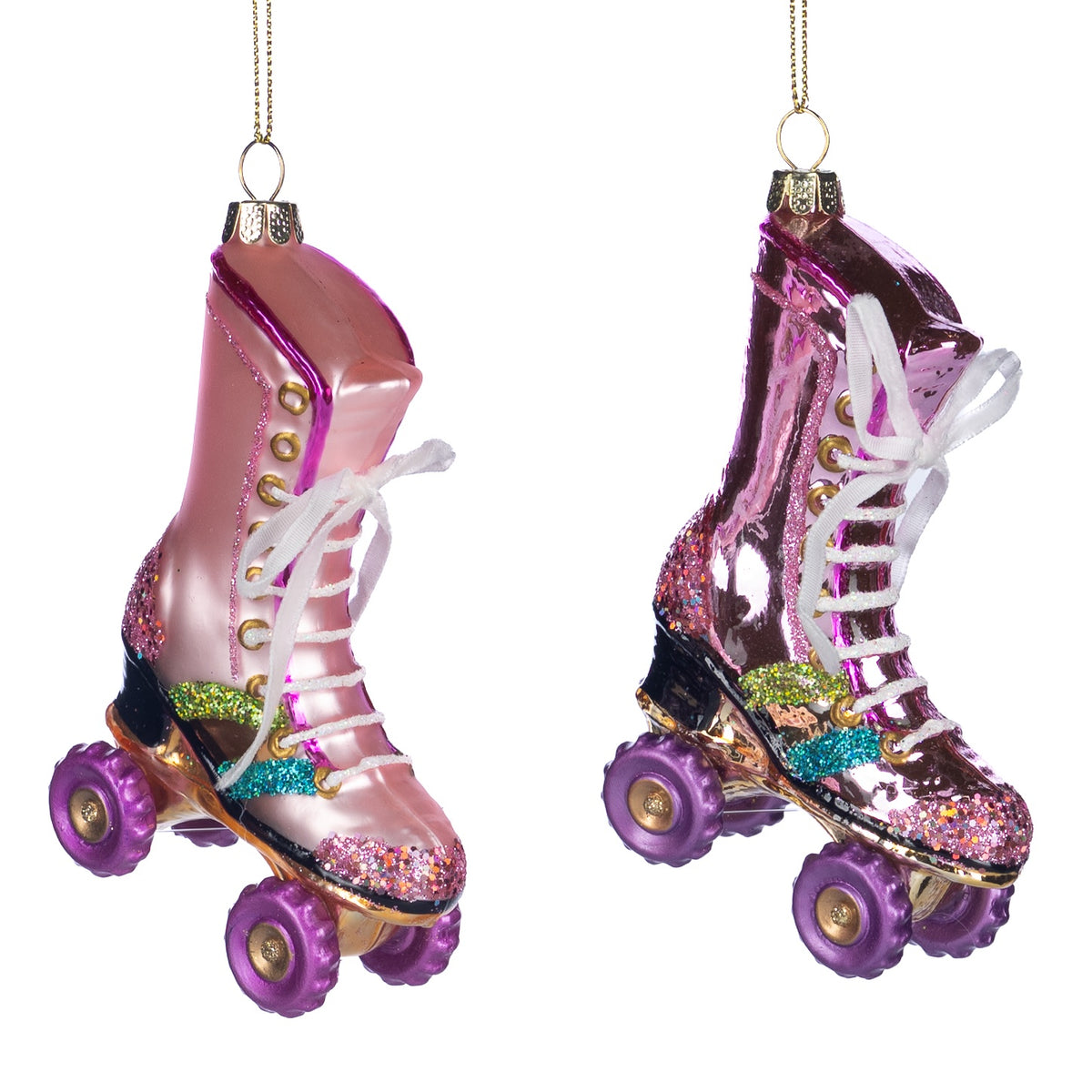 Set 2 ornament sticlă patine cu rotile, roz, 11cm