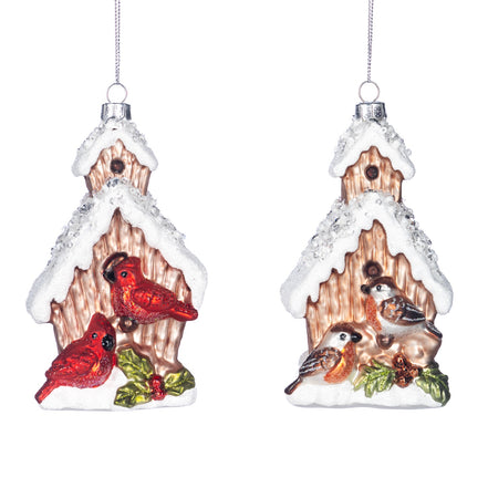 Set 2 ornamente căsuțe cu păsări și zăpadă, maro/alb/roșu, 13 cm