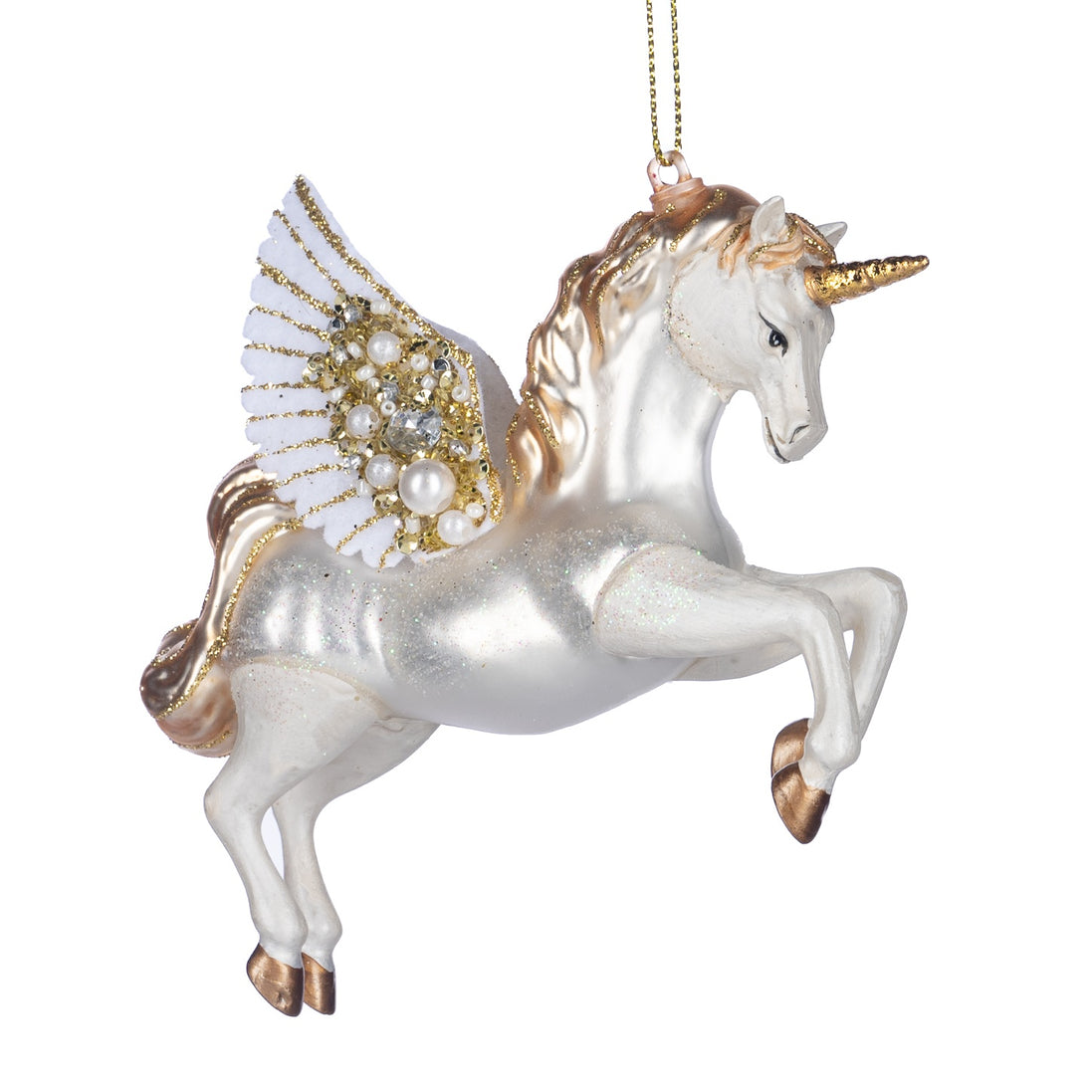 Ornament unicorn cu aripi, cu perle, alb/crem/auriu, 17 cm