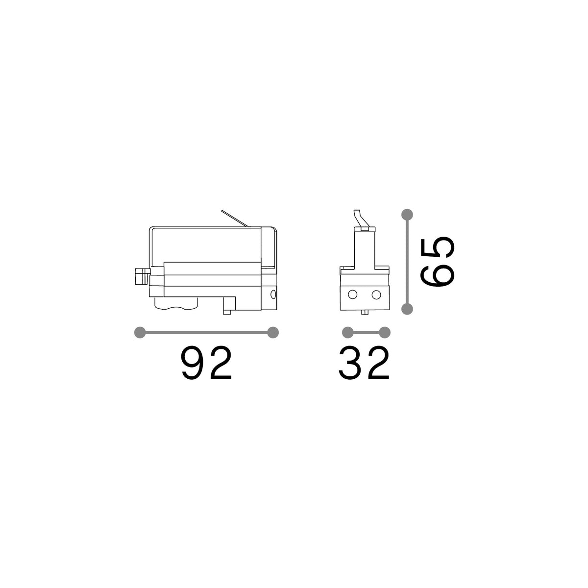 Adaptor pentru șină trifazat Link 3 poli On-Off, alb – desen tehnic cu dimensiuni