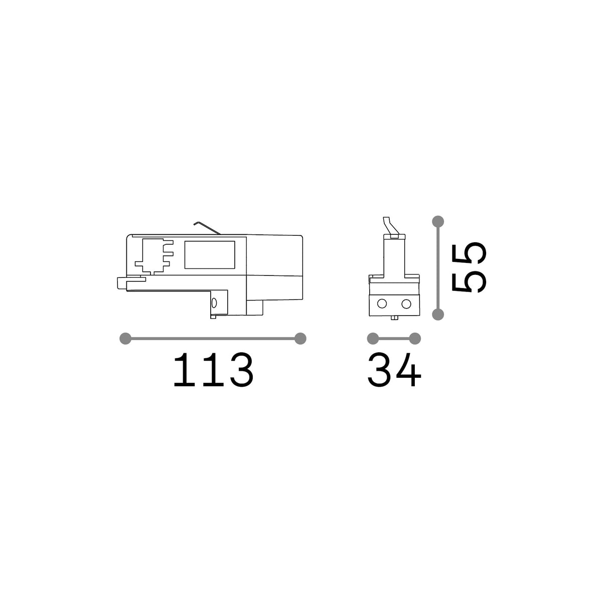 Adaptor pentru șină trifazat Link 5 poli DALI, alb – desen tehnic cu dimensiuni