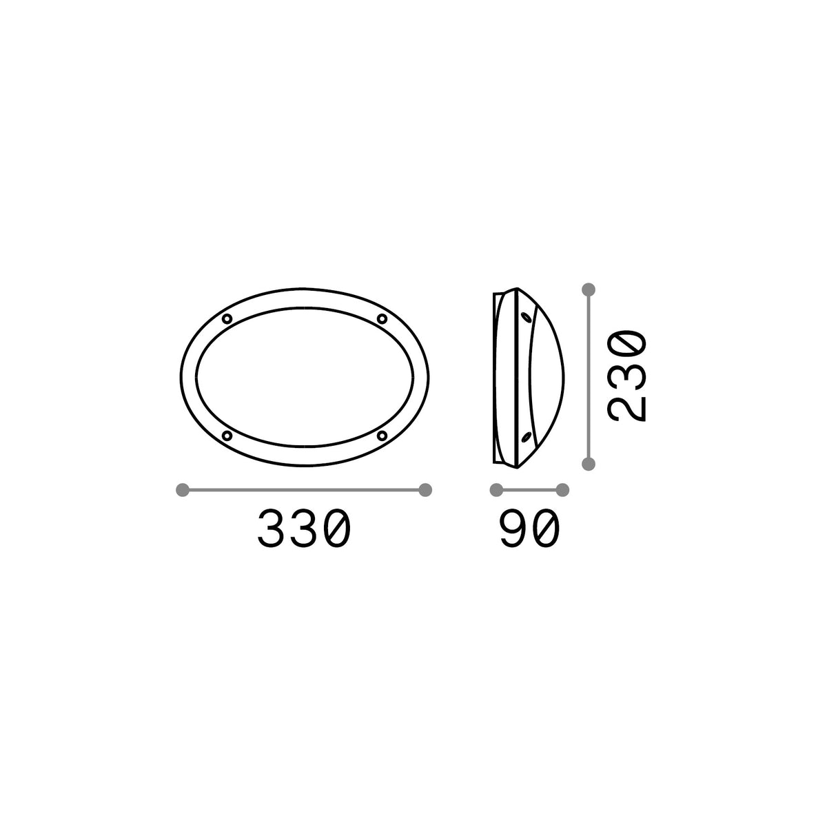 Aplică de exterior Polar-1 AP1 ovală, alb – desen tehnic cu dimensiuni