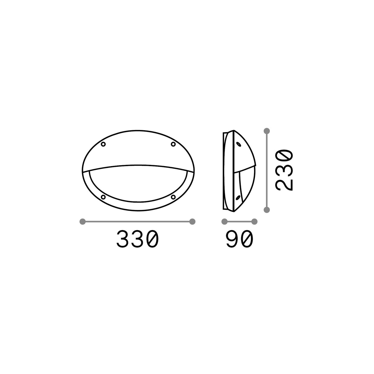 Aplică de exterior Polar-2 AP1 ovală, negru – desen tehnic cu dimensiuni