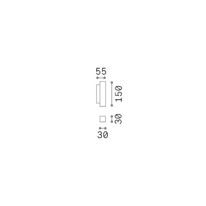 Aplică Look LED AP2 pătrat D30 H150 On-Off 3000K, alamă – desen tehnic cu dimensiuni