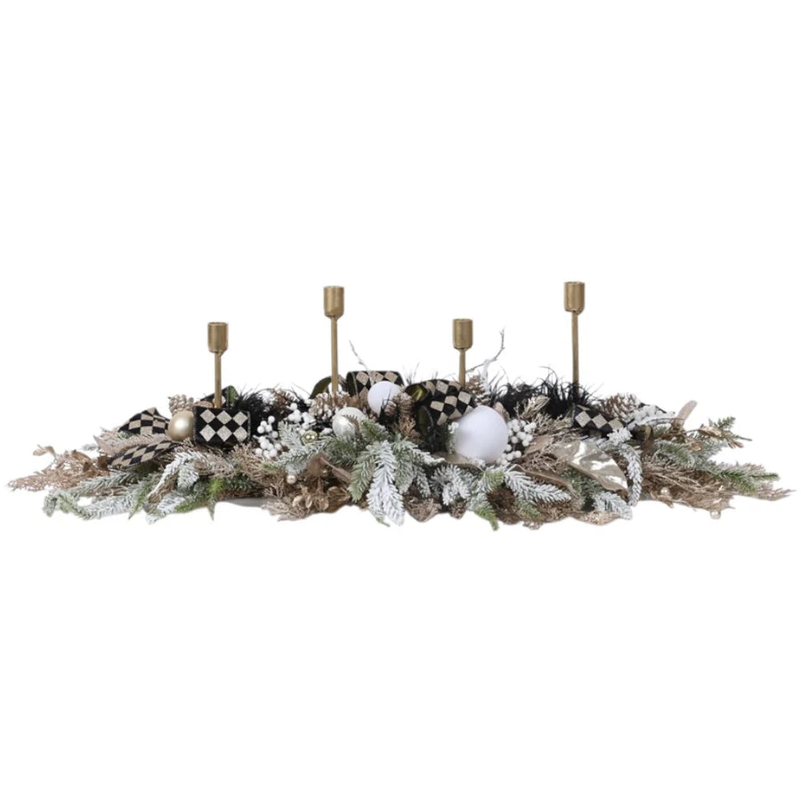Suport pentru lumânări cu 4 brațe și decorațiuni de Crăciun, alb/auriu/verde, 90cm