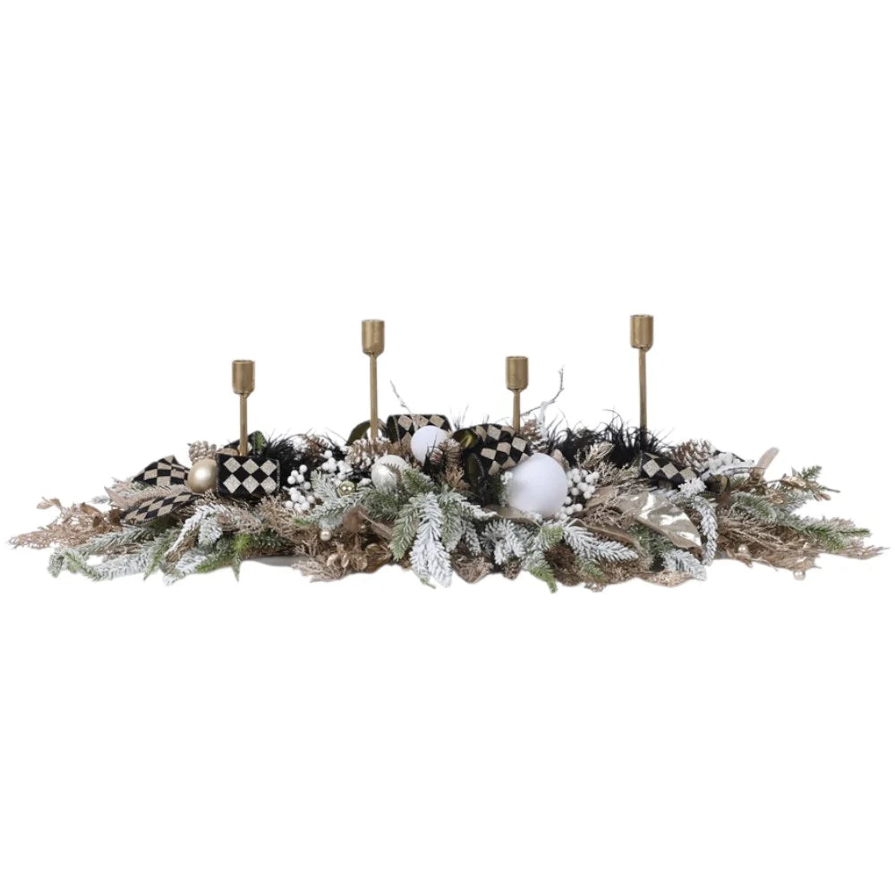 Suport pentru lumânări cu 4 brațe și decorațiuni de Crăciun, alb/auriu/verde, 45x29cm
