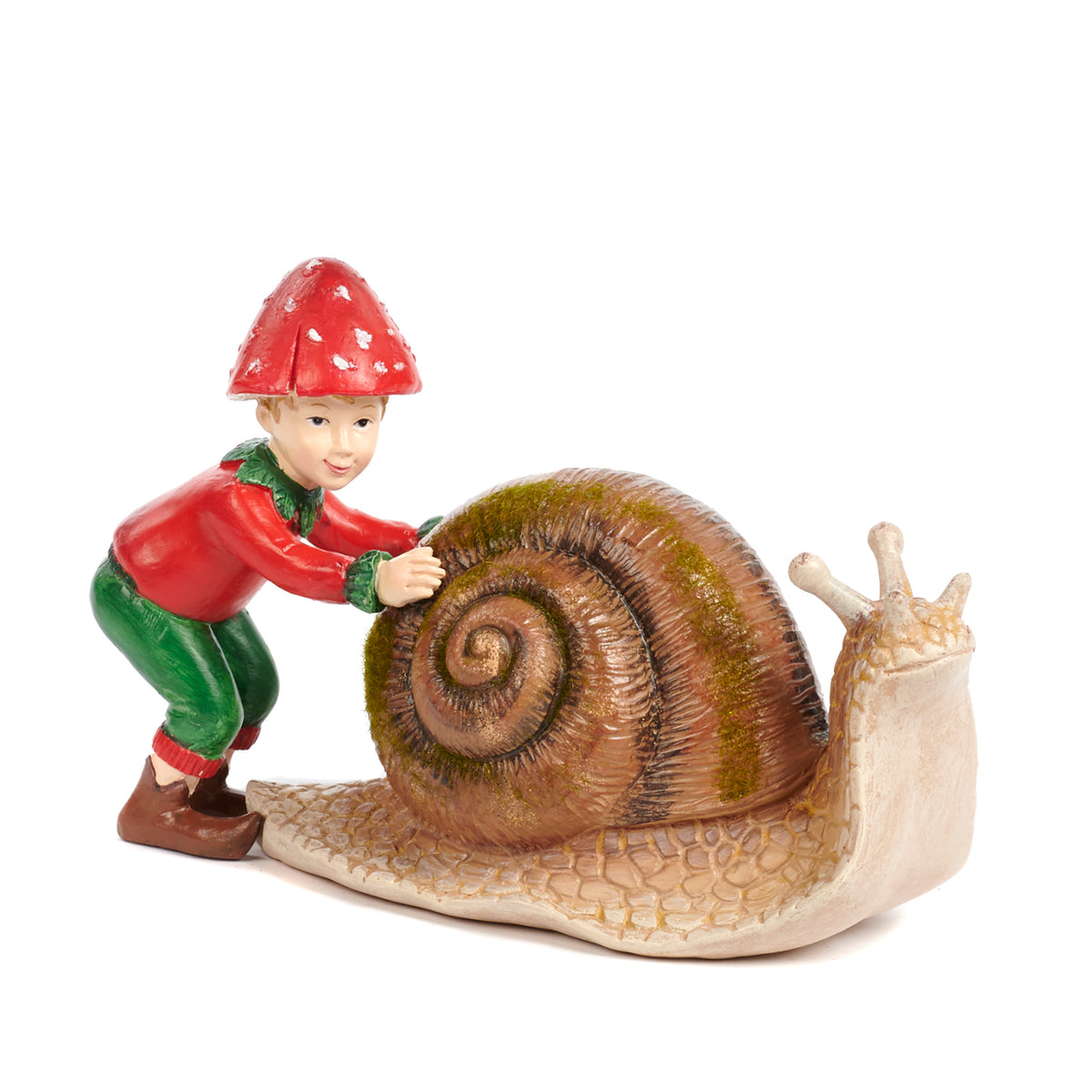Băiețel-ciupercă care împinge un melc, maro/roșu, 19 cm