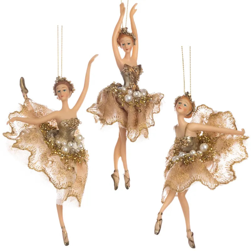 Set de 3 Balerine cu perlute si tulle din tesut 17cm crem/auriu