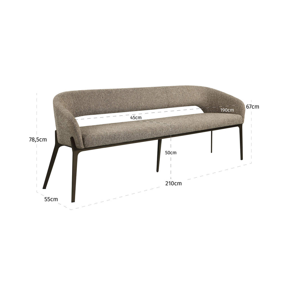 Bancă dining Kenzi, tweed maro – desen tehnic cu dimensiuni