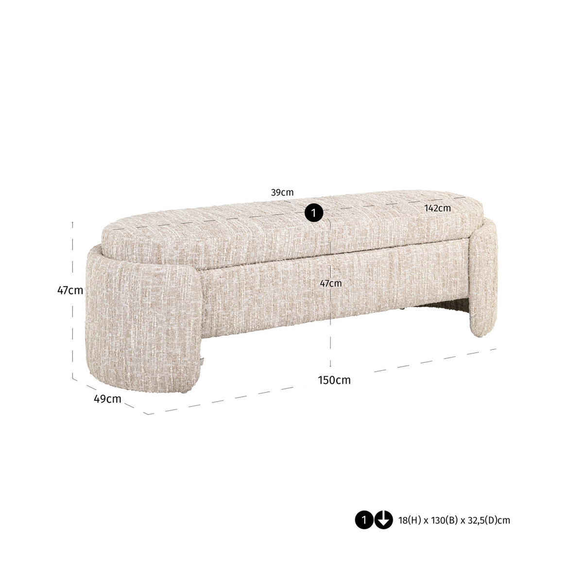 Băncuță Cupid, angora bej, cu depozitare – desen tehnic cu dimensiuni