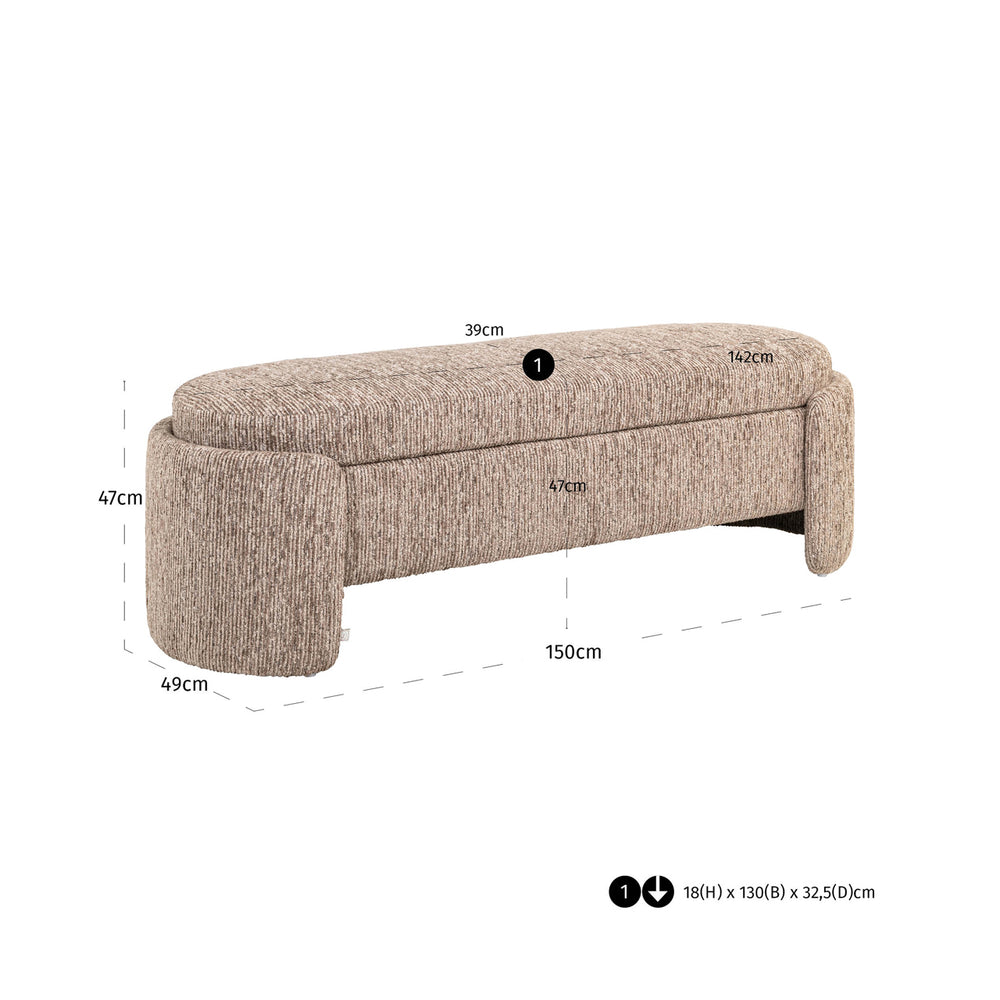 Băncuță Cupid, linear moca, cu depozitare – desen tehnic cu dimensiuni