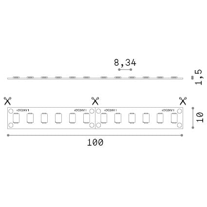 Bandă LED 120 SMD 15W/m 4000K CRI90 IP20 – desen tehnic cu dimensiuni