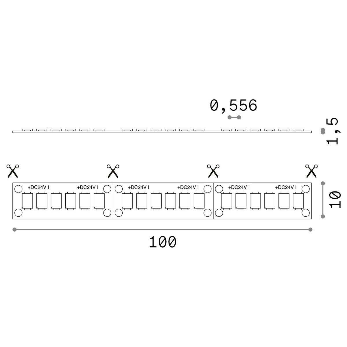 Bandă LED 180 SMD 40W/m 3000K CRI90 IP20 – desen tehnic cu dimensiuni