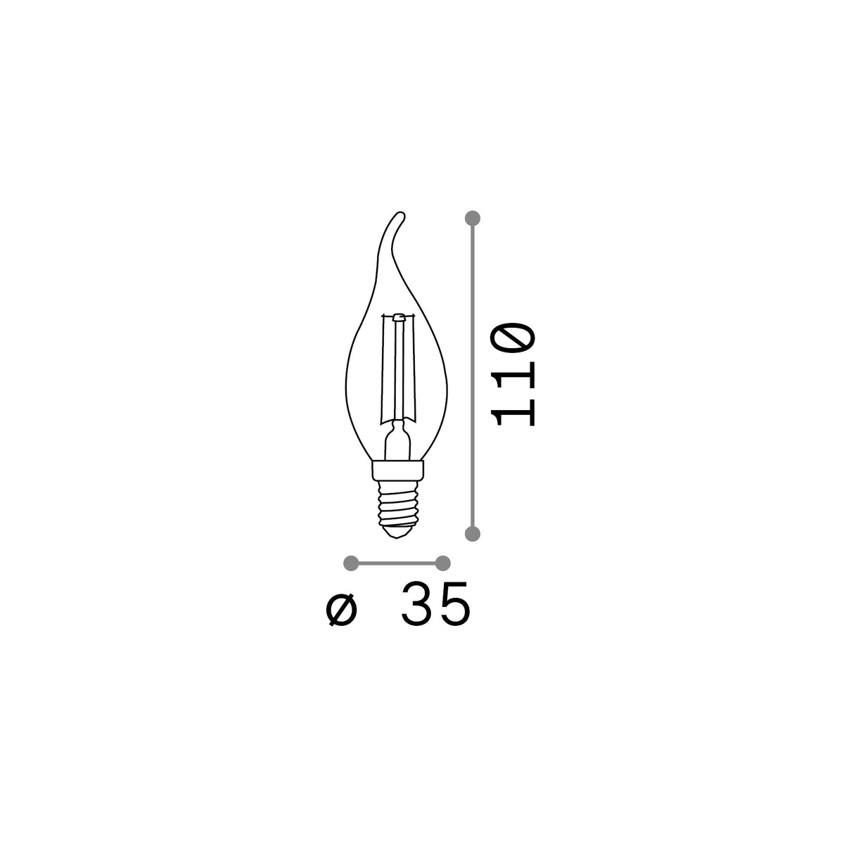 Bec LED E14 lumânare 4W 2200K CRI80, chihlimbar – desen tehnic cu dimensiuni