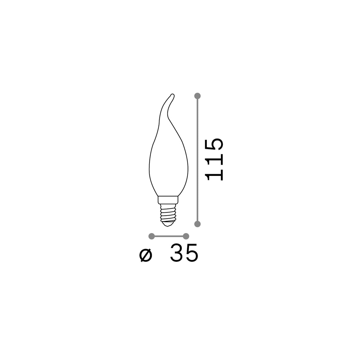 Bec LED E14 lumânare 4W 3000K CRI80, alb – desen tehnic cu dimensiuni