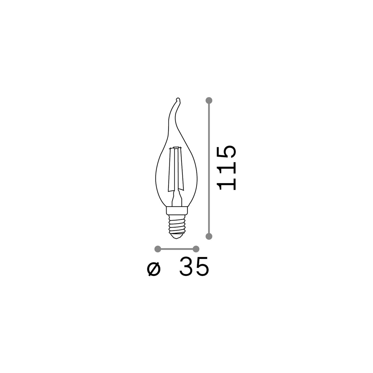 Bec LED E14 lumânare 4W 3000K CRI80, transparent – desen tehnic cu dimensiuni