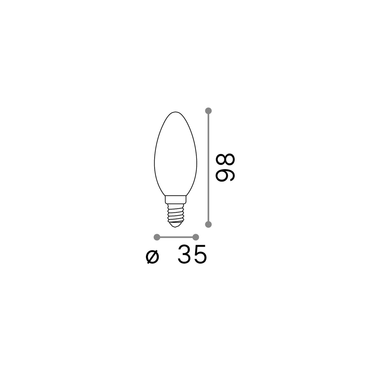Bec LED E14 măslină 4W 3000K CRI80, alb – desen tehnic cu dimensiuni