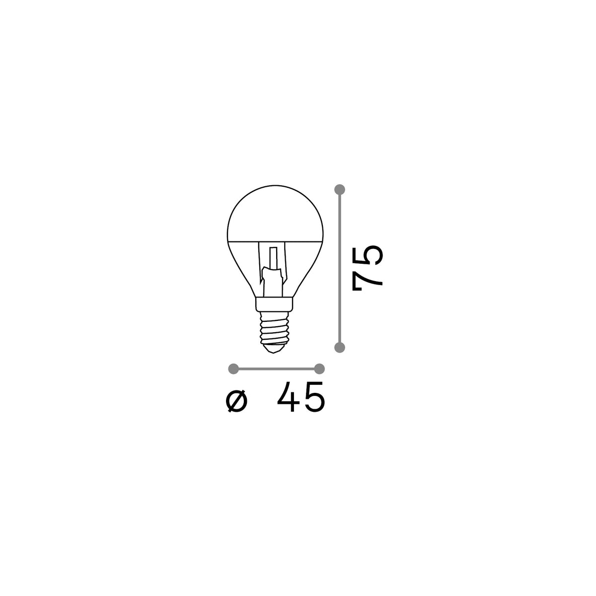 Bec LED E14 sferic 4W 3000K CRI80, crom – desen tehnic cu dimensiuni