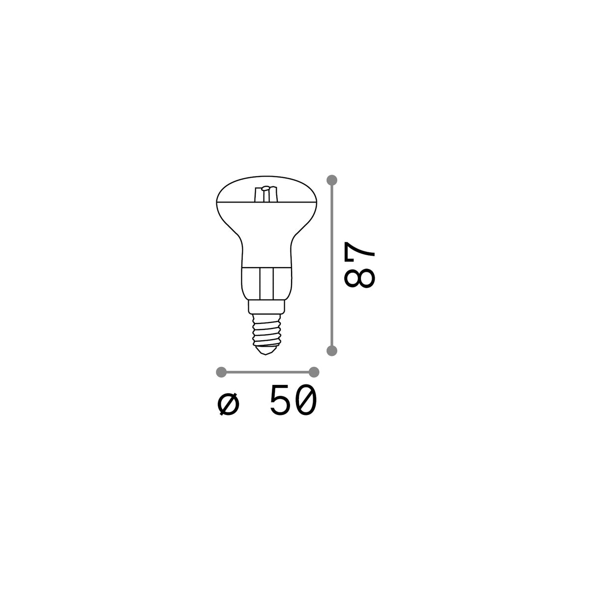 Bec LED E14 spot 4W 3000K CRI80, crom – desen tehnic cu dimensiuni