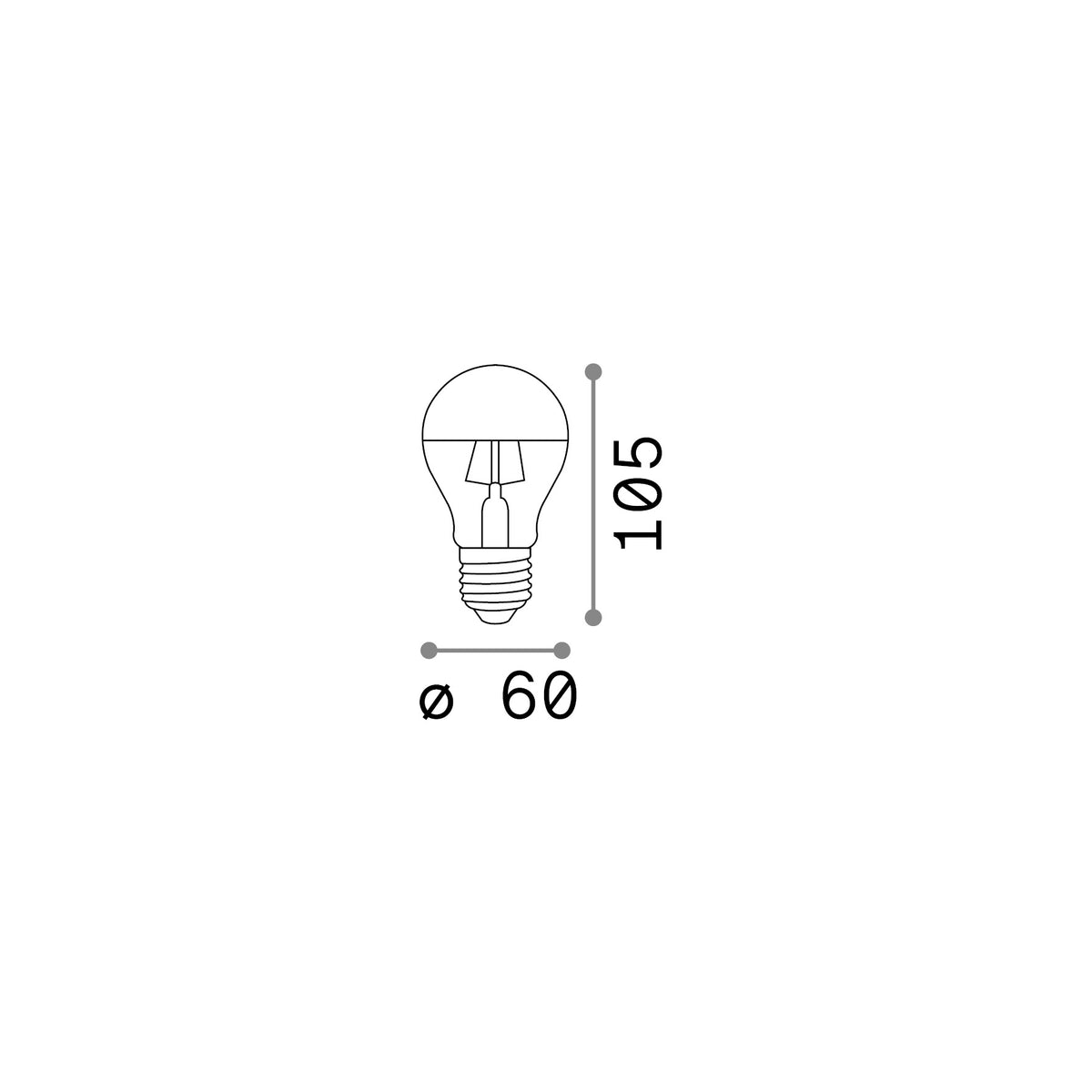 Bec LED E27 picătură 8W 3000K CRI80, crom – desen tehnic cu dimensiuni