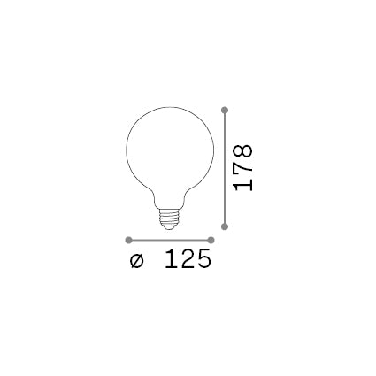 Bec LED E27 sferic D125 8W 3000K CRI80 dimabil, satinat integral – desen tehnic cu dimensiuni