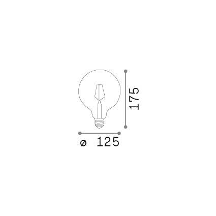 Bec LED E27 sferic D125 8W 3000K CRI80, transparent – desen tehnic cu dimensiuni