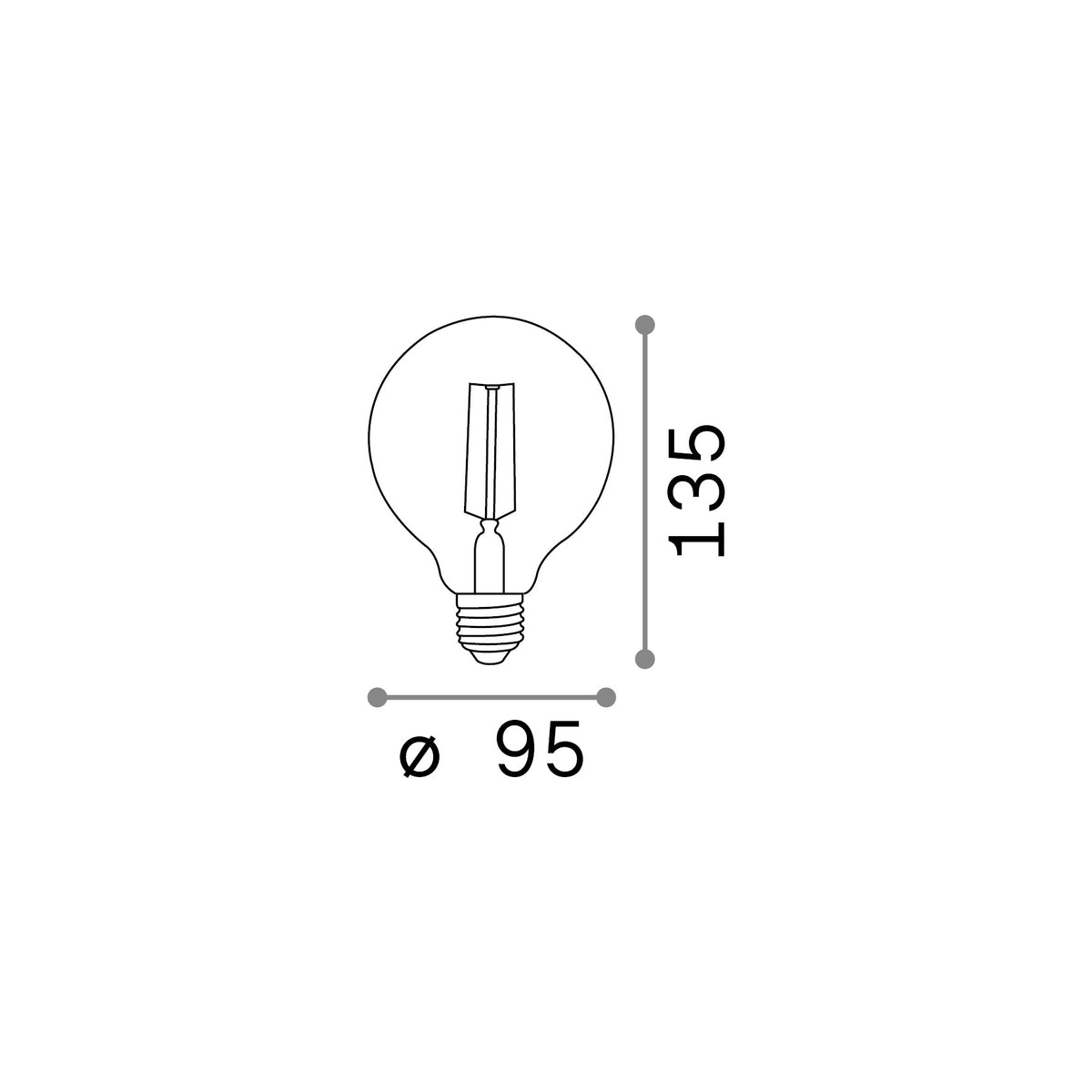 Bec LED E27 sferic D95 4W 2200K CRI80 dimabil, chihlimbar – desen tehnic cu dimensiuni