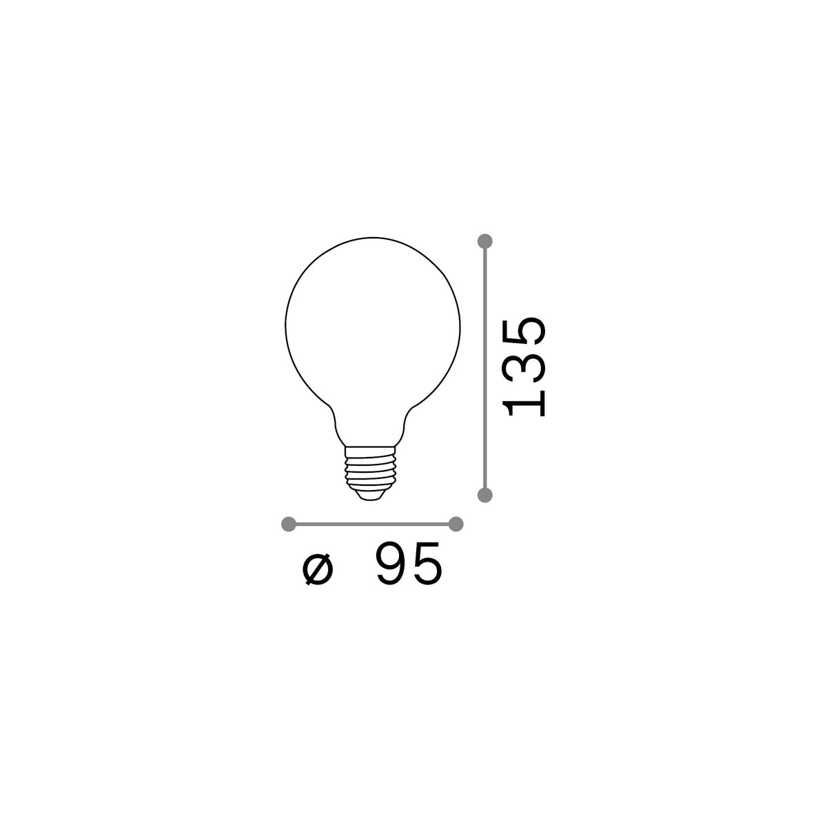 Bec LED E27 sferic D95 8W 3000K CRI80, alb – desen tehnic cu dimensiuni
