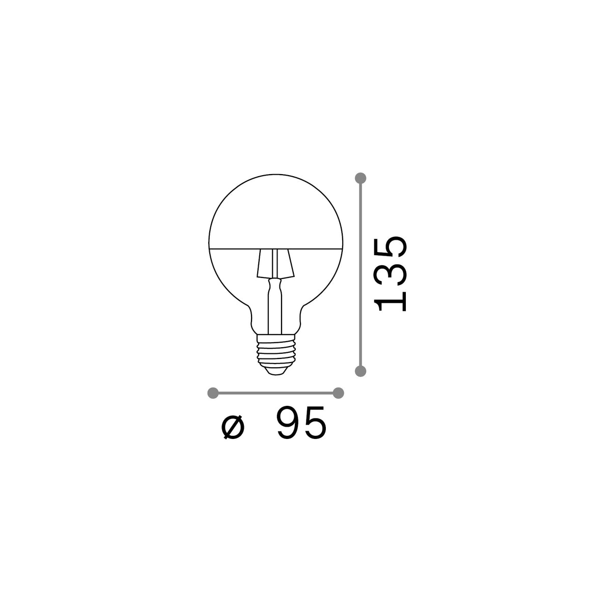 Bec LED E27 sferic D95 8W 3000K CRI80, crom – desen tehnic cu dimensiuni
