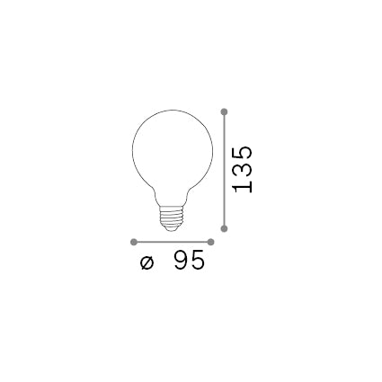 Bec LED E27 sferic D95 8W 3000K CRI80 dimabil, satinat integral – desen tehnic cu dimensiuni