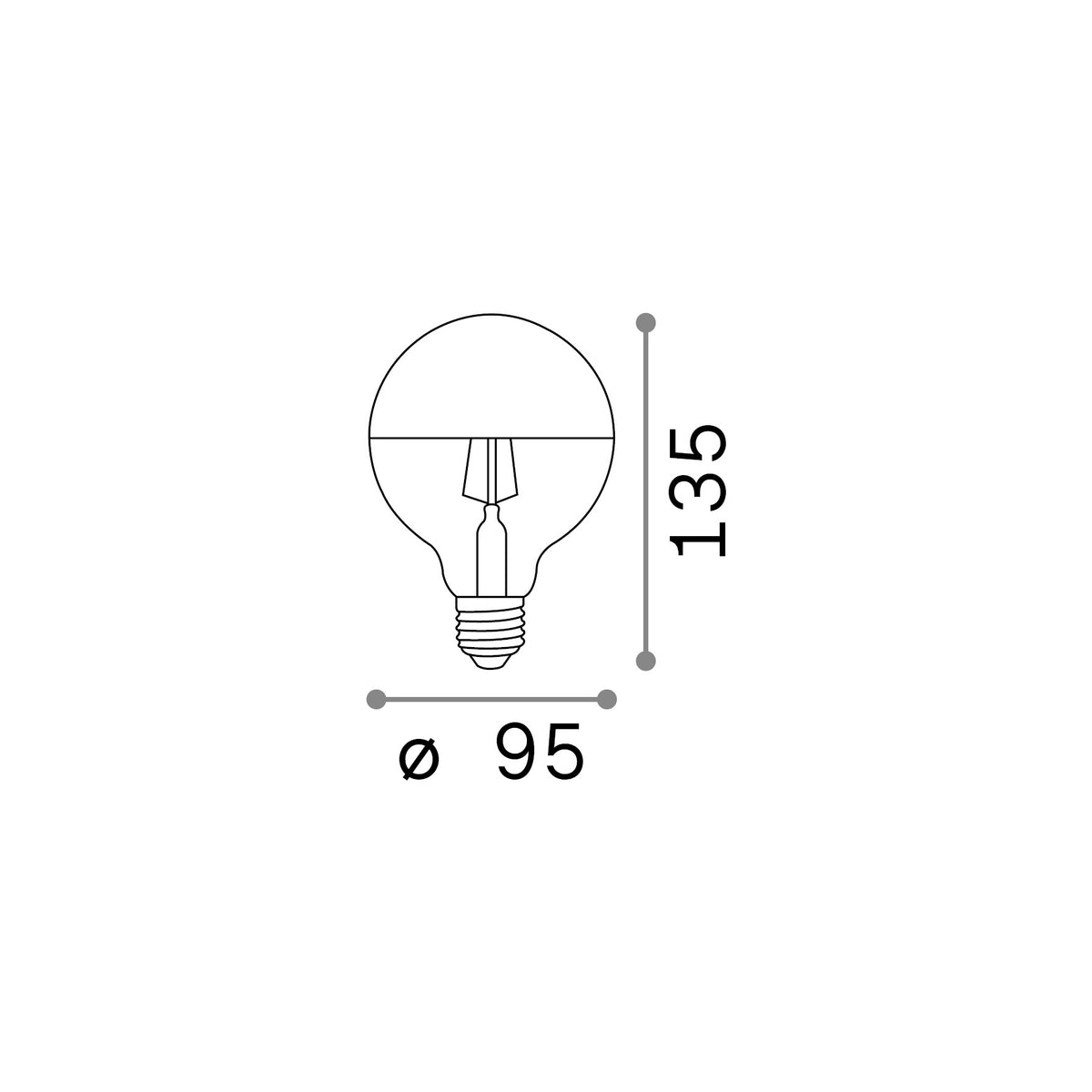 Bec LED E27 sferic D95 8W 3000K CRI80, satinat pe jumătate – desen tehnic cu dimensiuni