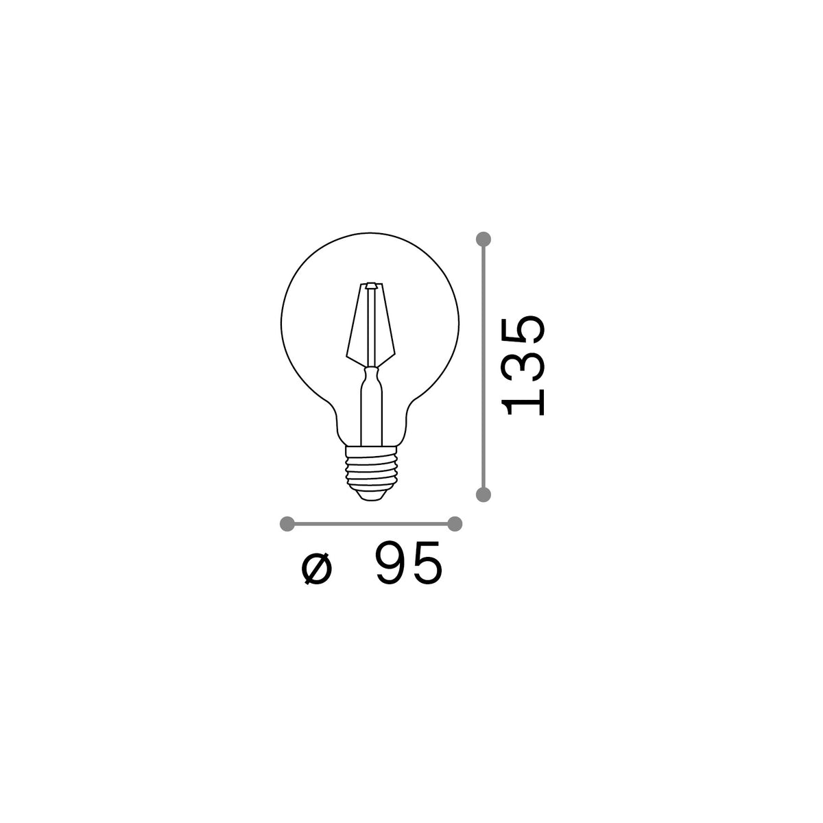 Bec LED E27 sferic D95 8W 4000K CRI80, transparent – desen tehnic cu dimensiuni