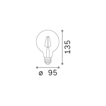 Bec LED E27 sferic D95 cu filament 4W 3000K CRI80, alb – desen tehnic cu dimensiuni