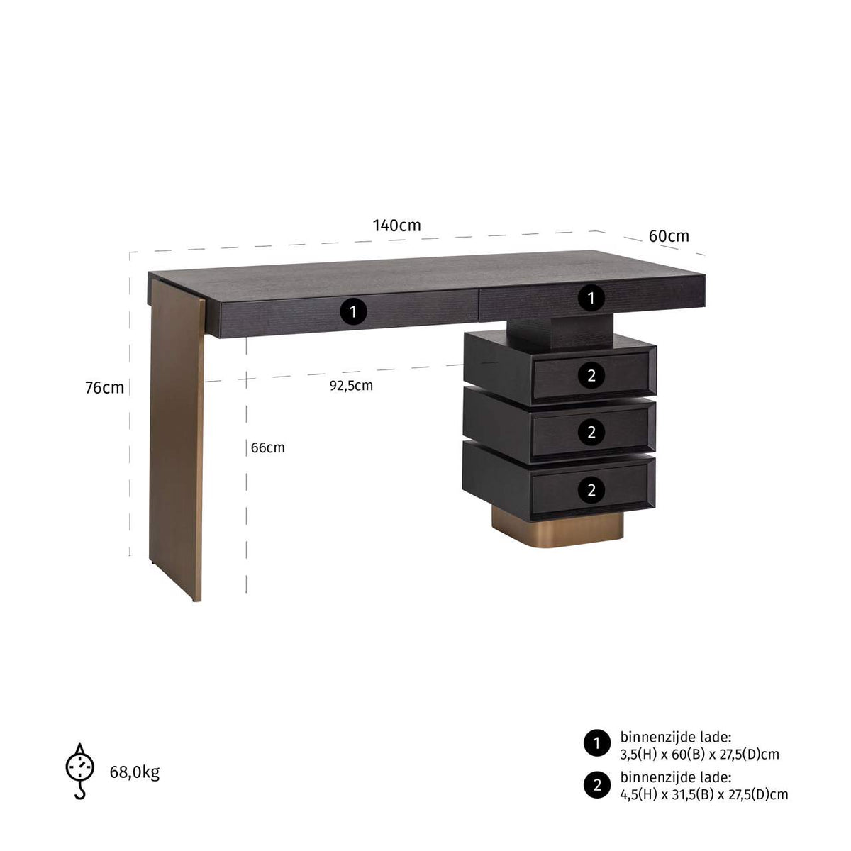 Birou Alexander Jones, antracit (Connar) – desen tehnic cu dimensiuni