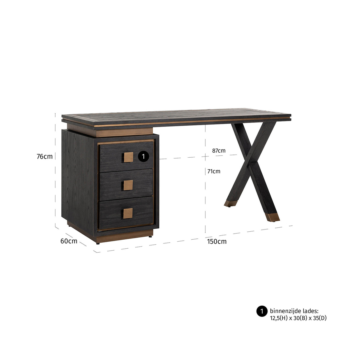 Birou Hunter, negru rustic – desen tehnic cu dimensiuni