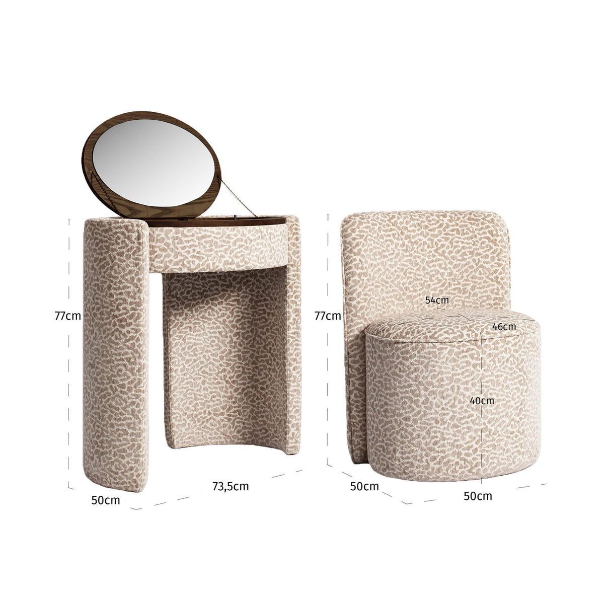 Birou Roxenne, leopard bej, masă de toaletă – desen tehnic cu dimensiuni