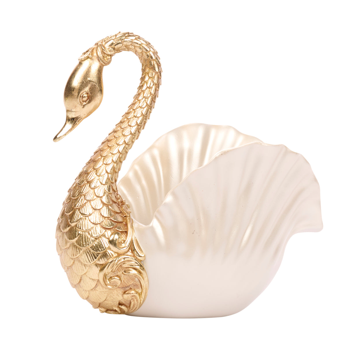 Bol în formă de scoică cu lebădă, crem/alb/auriu, 23 cm